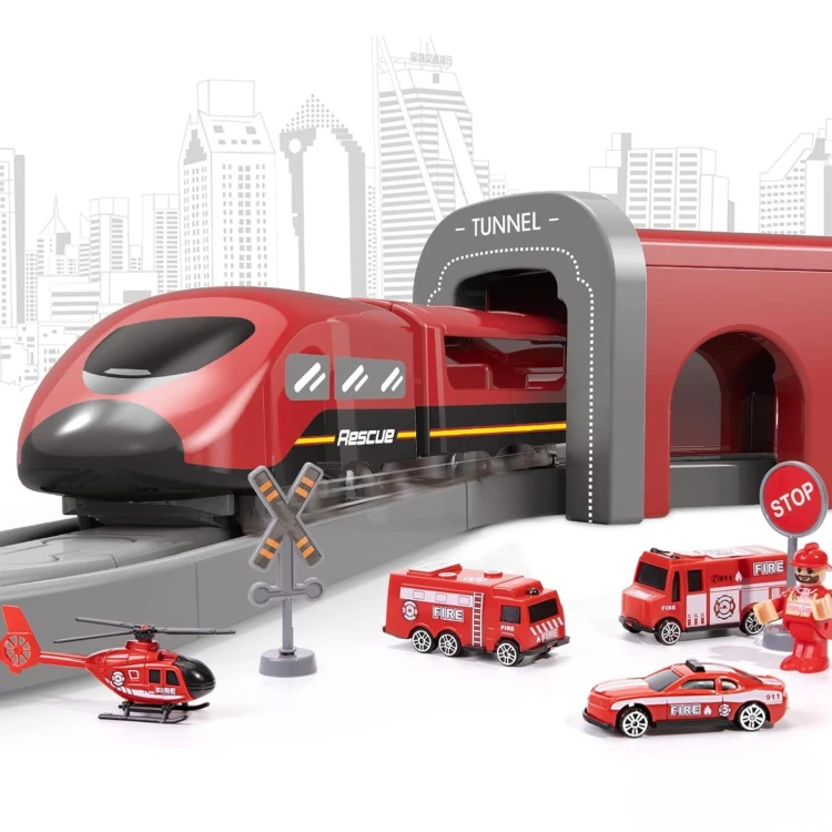 Ułożony tor i scena zabawy z Pendolino — gotowy do jazdy układ z elementami straży pożarnej WOOPIE