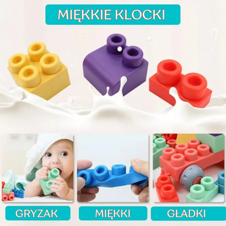 Zbliżenie na detale klocków konstrukcyjnych WOOPIE — struktura, zaczepy i wyraźne kolory elementów