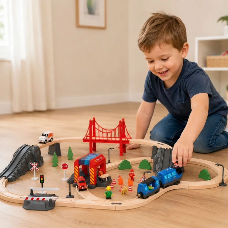 Górne ujęcie na zestaw pokazujące kolorystykę czerwonej lokomotywy i detale malowania — Tooky Toy