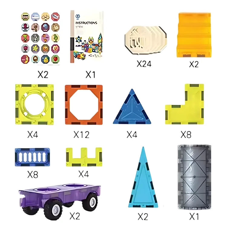 Pudełko zestawu WOOPIE Klocki Magnetyczne 3D 71 el. — widoczna grafika przedstawiająca zamek i pojazdy