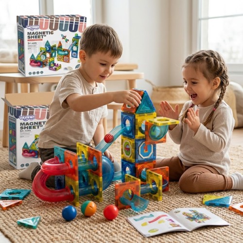 Widok z góry na tor kulkowy WOOPIE — połączone moduły magnetyczne 3D i kolorowe elementy