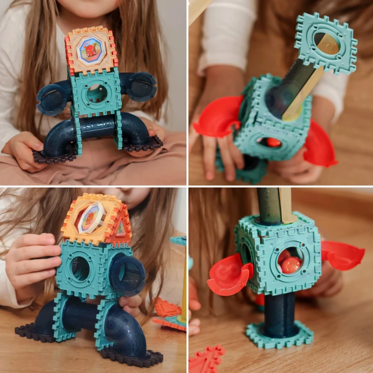 Zbliżenie na moduły łączące i prowadnice toru - detale klocków WOOPIE 3D widoczne wyraźnie
