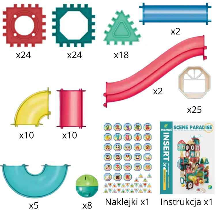 Dziecko bawi się torem kulkowym WOOPIE - rozwijanie zdolności manualnych przy klockach 3D