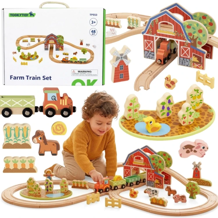 Drewniana kolejka Farma 48 el. TOOKY TOY — kompletna scena z pociągiem, torami i dodatkowymi akcesoriami