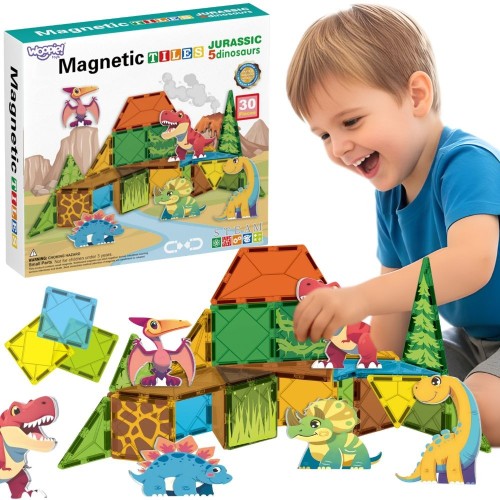 Magnetyczne klocki konstrukcyjne WOOPIE Dino 7,5 cm — kolorowy zestaw 30 elementów na stole