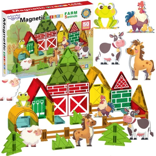 Magnetyczne klocki konstrukcyjne WOOPIE 7,5 cm — zestaw Farma 50 elementów na jasnym tle