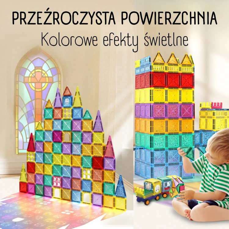 Kolorowe panele i trójkątne moduły klocków magnetycznych WOOPIE — zbliżenie na kształty i łączenia