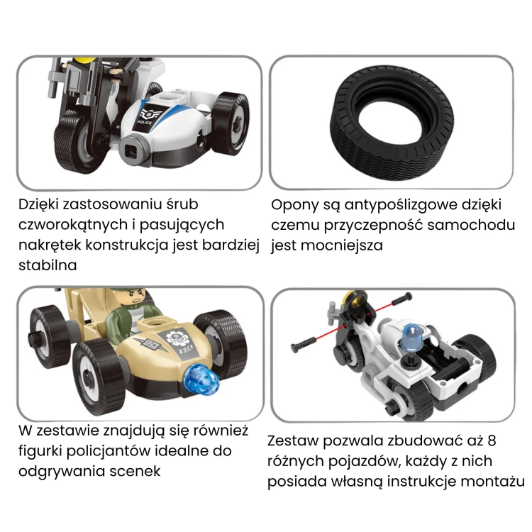 Kilka z ośmiu modeli z zestawu WOOPIE ustawionych obok siebie — porównanie kolorów i różnych konfiguracji