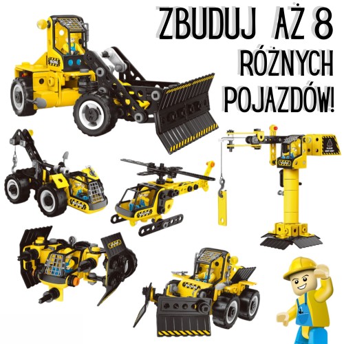 Zmontowana koparka z zestawu WOOPIE — widok z boku pokazujący połączenia i ruchome elementy