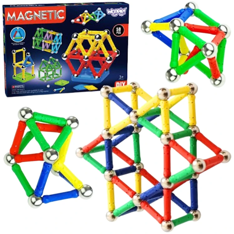 WOOPIE klocki magnetyczne konstrukcyjne 3D 58 el. — zestaw kolorowych modułów do budowania przestrzennego