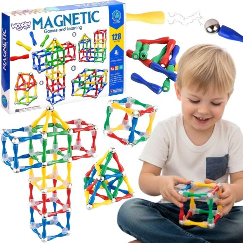 Klocki magnetyczne konstrukcyjne 3D 128 el. XXL WOOPIE — rozłożone kolorowe elementy na stole