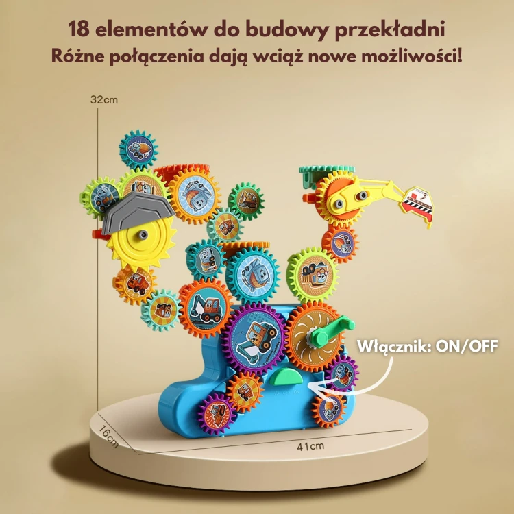 Widok z góry na złożony mechanizm — połączenia zębatek i osie ruchu w zestawie WOOPIE 18 el.