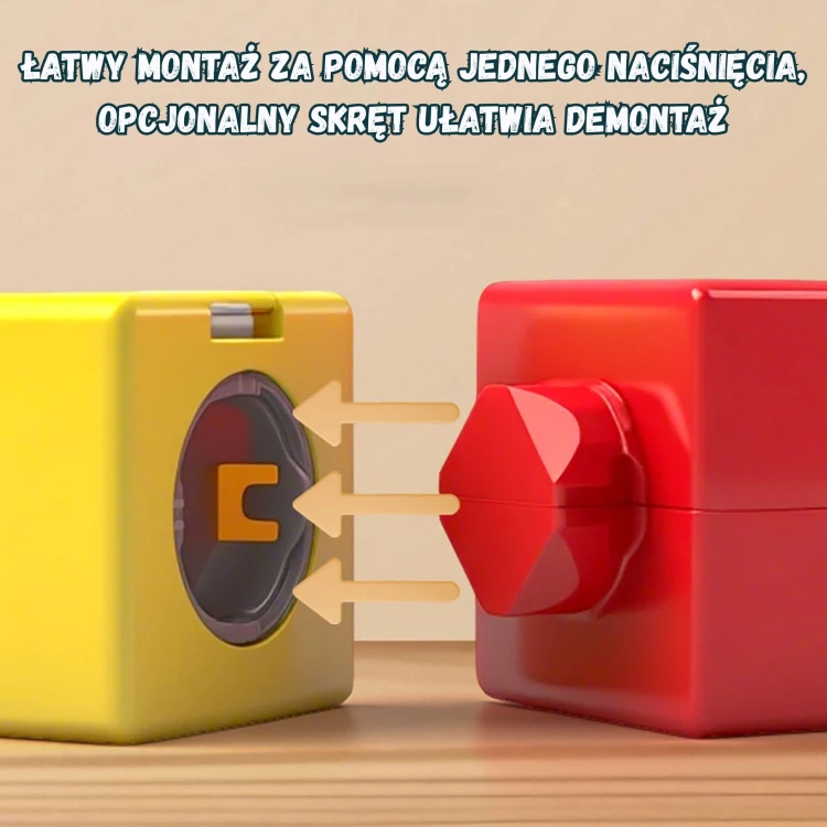 Dziecko układa tor antygrawitacyjny WOOPIE — scena zabawy i edukacyjnego montażu klocków w akcji
