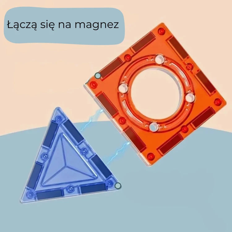 Zbliżenie na kolorowe kulki kulodromu i prowadnice — elementy toru klocków magnetycznych WOOPIE widoczne z góry