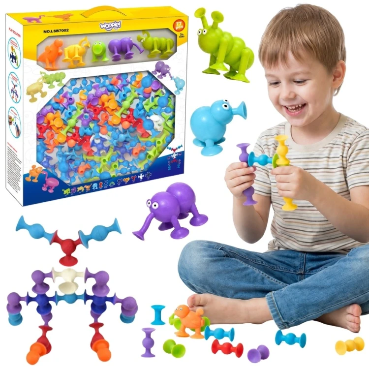 Kolorowe klocki Przyssawki Zwariowane Zwierzaki 3D marki WOOPIE z silikonowymi przyssawkami