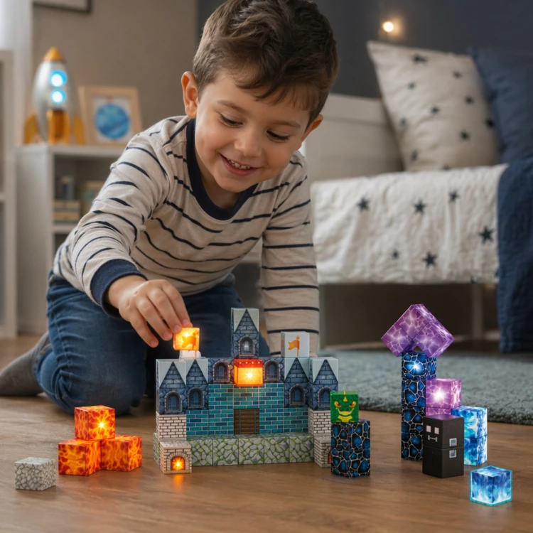 Zbliżenie na magnetyczne klocki WOOPIE 2x2 cm z motywem pikselowego zamku