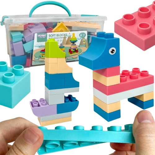 Klocki Soft Blocks zestaw 99 elementów WOOPIE marka 48 — widok pudełka i kolorowych miękkich klocków