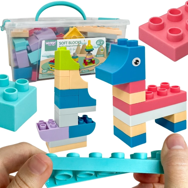 Klocki Soft Blocks zestaw 99 elementów WOOPIE marka 48 — widok pudełka i kolorowych miękkich klocków