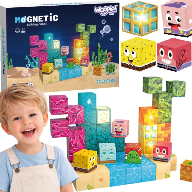 Magnetyczne klocki Woopie 54 elementy z motywem oceanu ułożone na stole