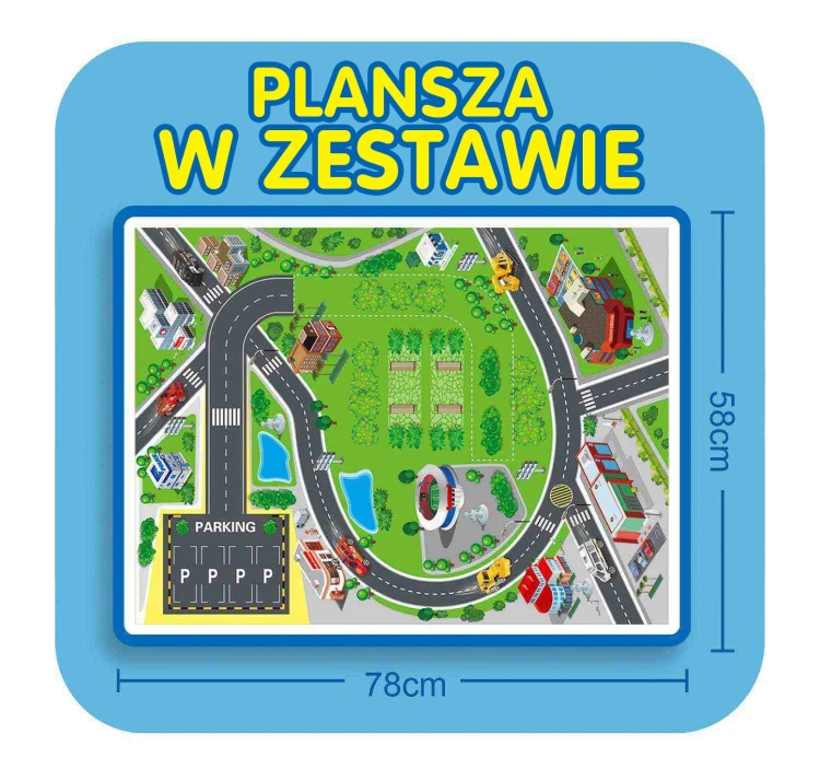 Tor zmontowany w pionie — pokaz wysokości i zjazdu spiralnego, elementy WOOPIE zaaranżowane do demonstracji działania