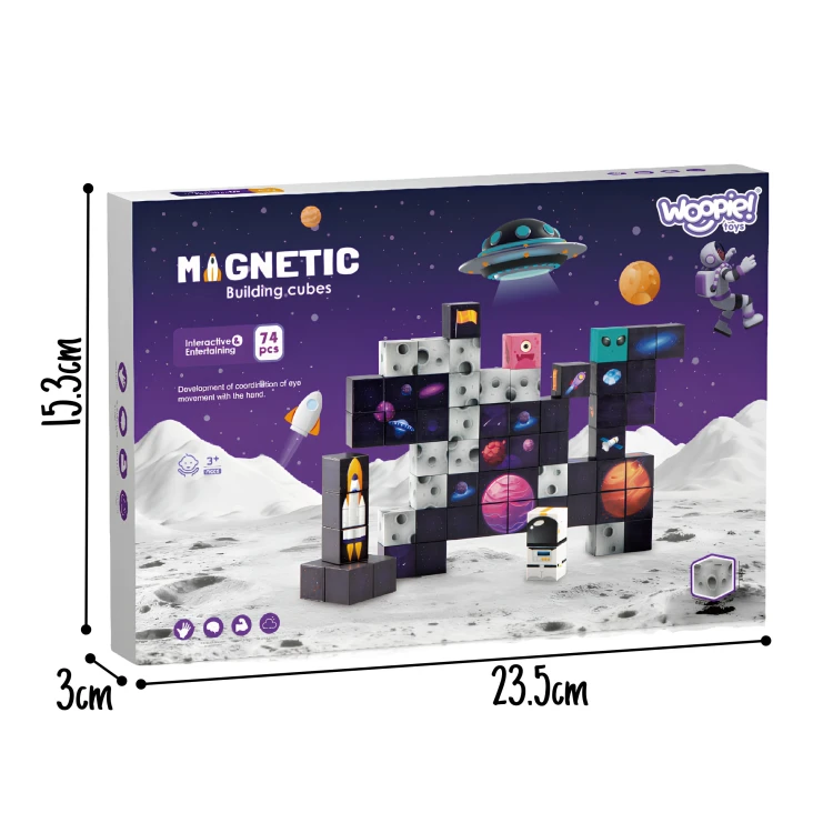 Przykładowa konstrukcja z magnetycznych kostek WOOPIE Kosmos - rakieta i ufo w kolorach kosmosu