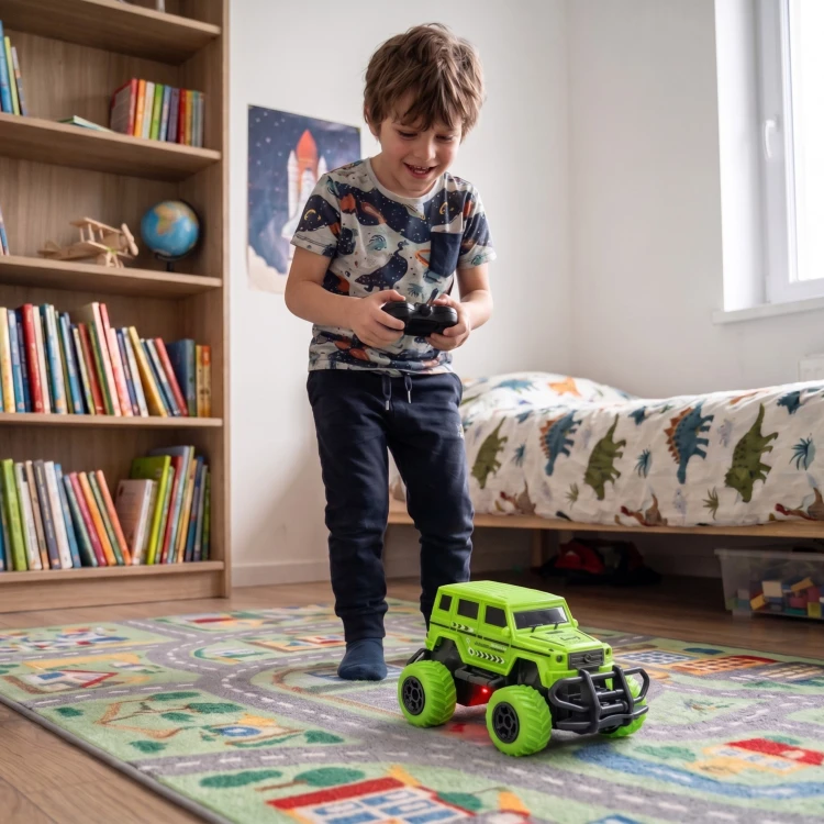 Perspektywa boczna RC Jeep WOOPIE — widoczne terenowe opony, zawieszenie oraz szczegóły wykończenia karoserii