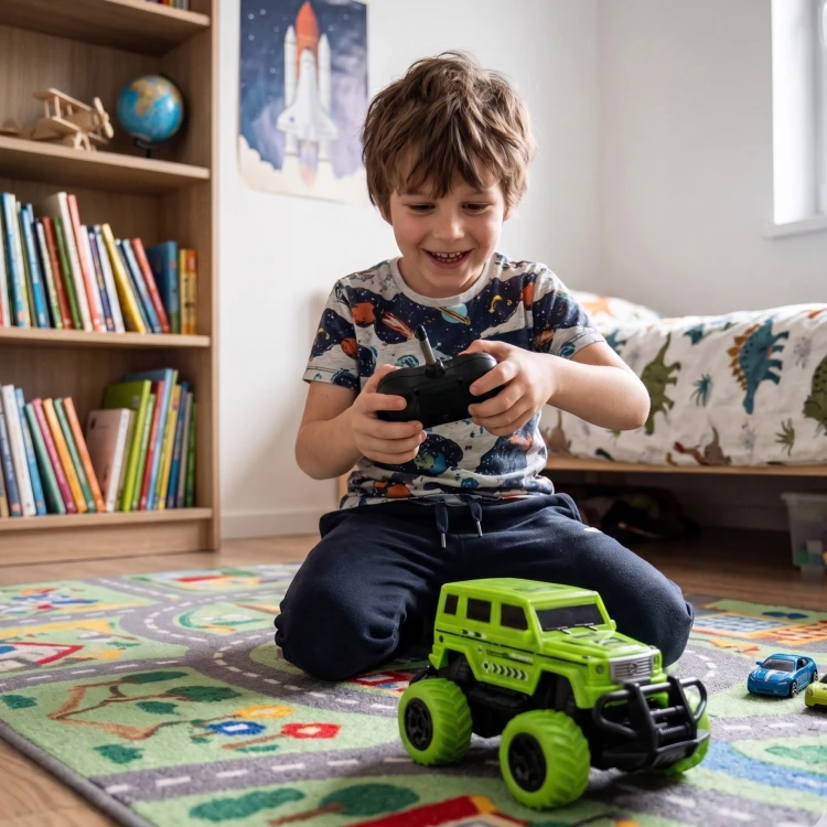 Zbliżenie na przednie reflektory LED RC Jeep WOOPIE — detal lamp, kratki chłodnicy i przedniego zderzaka