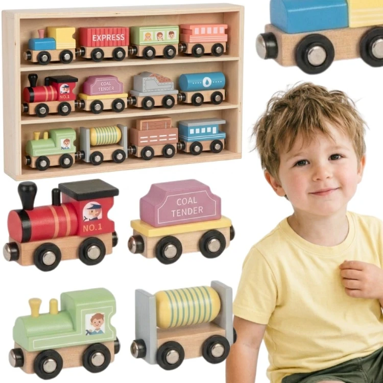 TOOKY TOY Drewniane wagoniki na magnes — kolorowy zestaw pojazdów do łączenia i zabawy dla maluchów