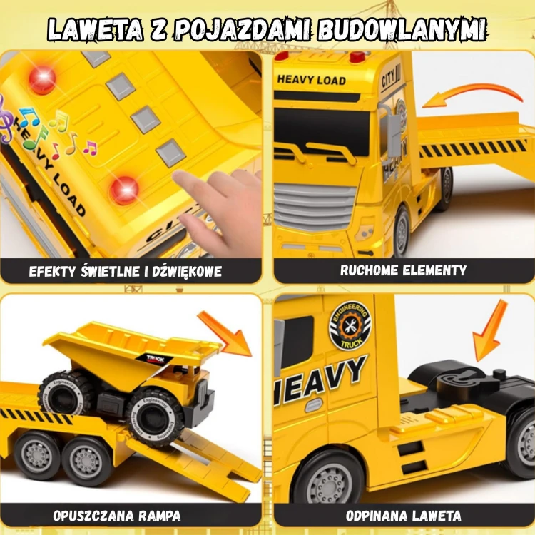 Ujęcie akcji zabawy z lawetą WOOPIE — pojazdy w trakcie załadunku na platformę, scena dynamiczna