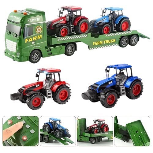 Zbliżenie na czerwony traktor WOOPIE — detal kół, kabiny i przyczepienia na platformie lawety