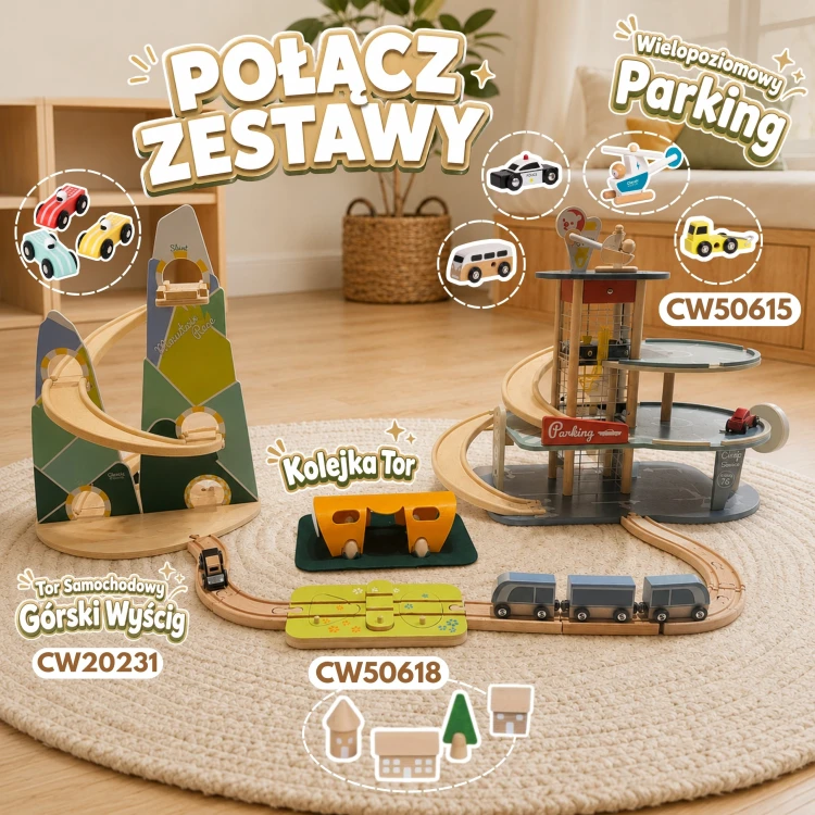 Widok na cały tor rozłożony na podłodze — dzieci bawiące się drewnianym torem CLASSIC WORLD podczas zabawy