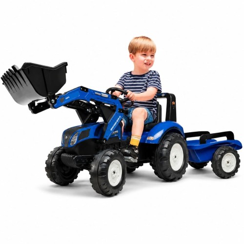 Traktor na pedały New Holland T8 FALK z łyżką i przyczepą — widok z przodu, widoczne koła i kierownica