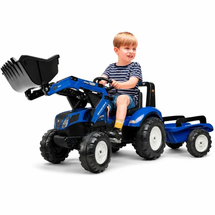 Traktor na pedały New Holland T8 FALK z łyżką i przyczepą — widok z przodu, widoczne koła i kierownica