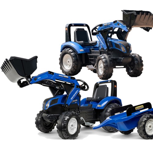 FALK Traktor na pedały — boczny widok New Holland T8 z uniesioną łyżką, widoczne detale podnośnika