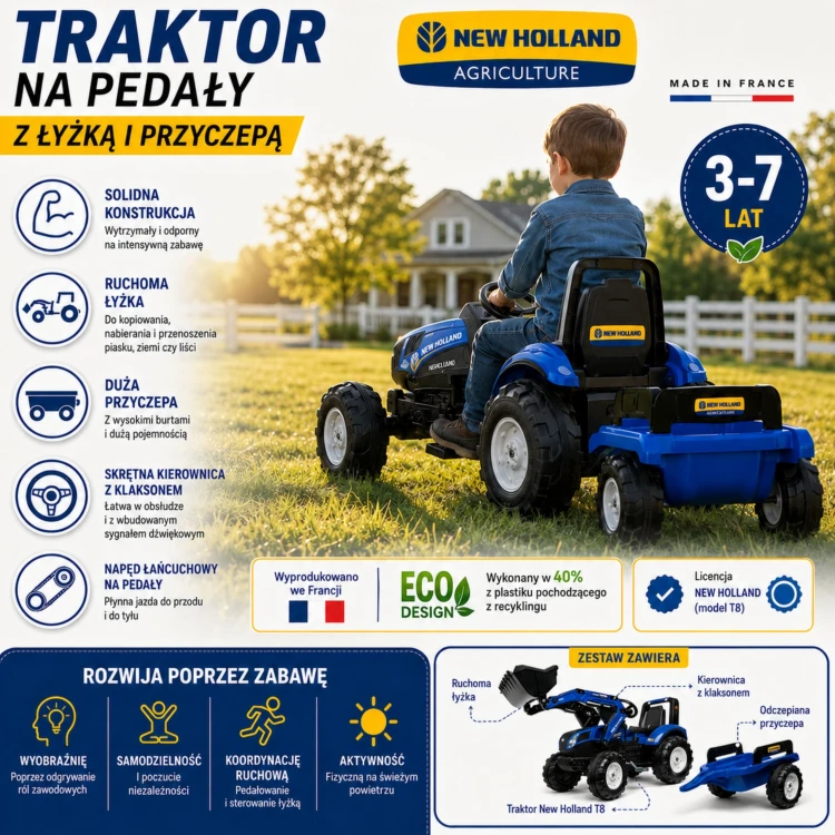 Detal maski traktora FALK New Holland T8 — logo i malowanie, widoczna przednia kratka imitująca chłodnicę