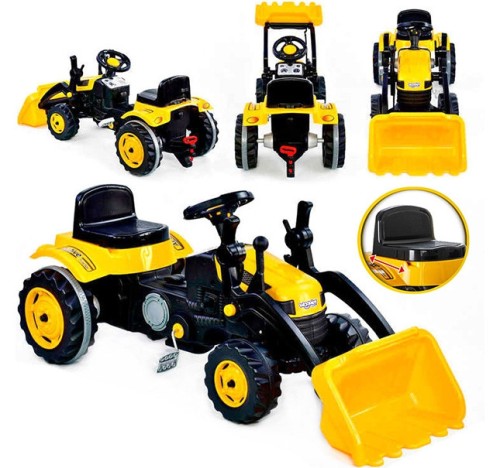 Traktor na pedały WOOPIE 48 Farmer MaxTrac — widok 3/4 z zamontowaną łyżką spychacza i kabiną