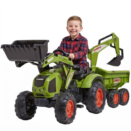 FALK Traktor CLAAS na pedały z przyczepą — widok 3/4 pokazujący cały traktorek i przyczepę