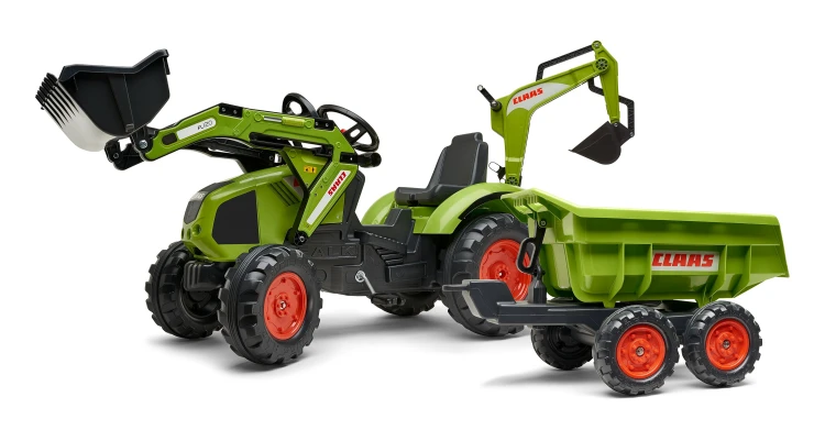 Kompletny zestaw: traktor na pedały FALK z przyczepą, łyżką i spychaczem — ujęcie z tyłu