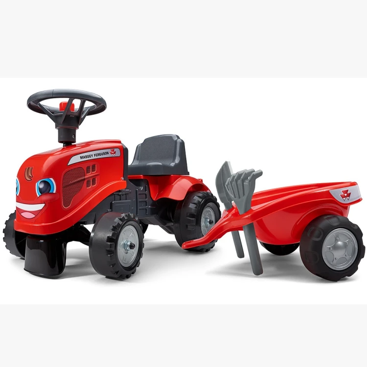 Profil boczny traktorka Baby Massey Ferguson FALK — sylwetka, oparcie siedziska i linia nadwozia na neutralnym tle.