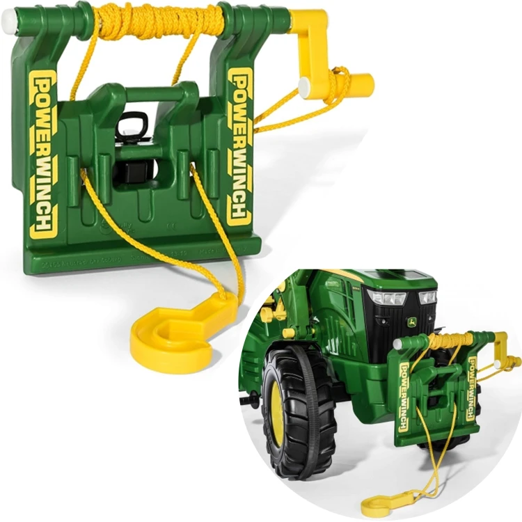 Rolly Toys rollyPowerwinch — wyciągarka John Deere do traktorów, widok z przodu z nawiniętą linką