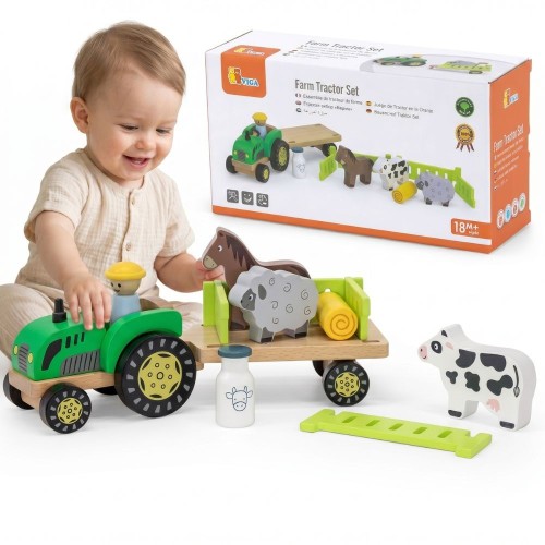 Drewniany traktor z przyczepą Viga — zestaw edukacyjny z kolorowymi figurkami zwierząt na farmę