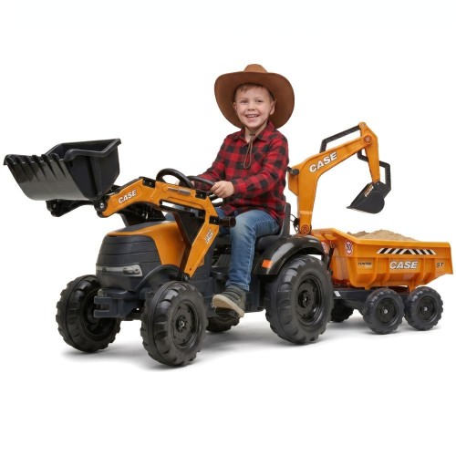 FALK Traktor Case IH Backhoe pomarańczowy z przyczepką i ruchomą łyżką — widok całego pojazdu