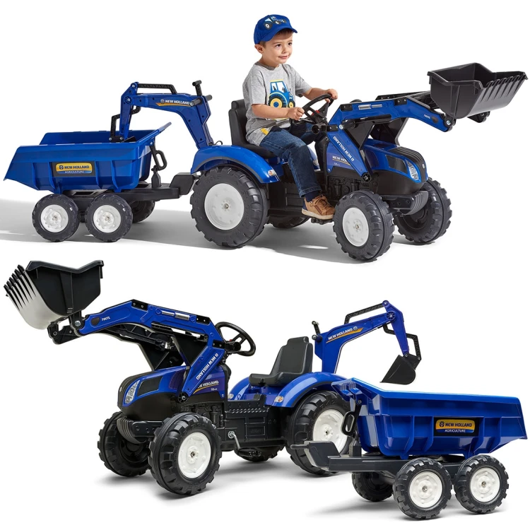 Traktor na pedały FALK New Holland T8 — widok boczny z zamontowaną koparką i przyczepą, cały zestaw