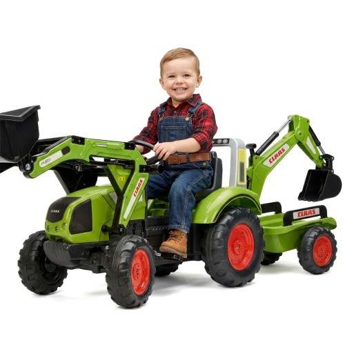 Traktor na pedały FALK CLAAS w zielonym kolorze z łyżką i przyczepką, widok z przodu, dla dzieci od 3 lat