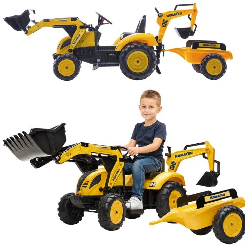 Traktor na pedały FALK Komatsu — koparko-ładowarka z przyczepą, widok z przodu i boku, kolorystyka