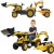 Traktor na pedały FALK Komatsu — koparko-ładowarka z przyczepą, widok z przodu i boku, kolorystyka