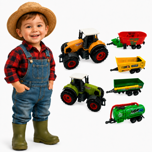 Zestaw Mini Farmera WOOPIE — traktory z przyczepami ułożone na jasnym tle, widok całego kompletu