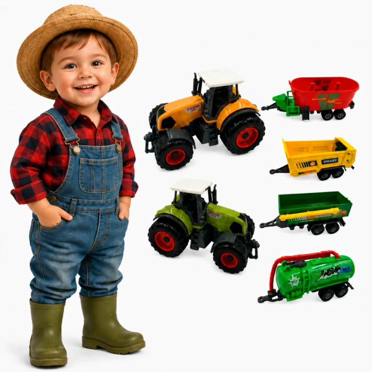 Zestaw Mini Farmera WOOPIE — traktory z przyczepami ułożone na jasnym tle, widok całego kompletu