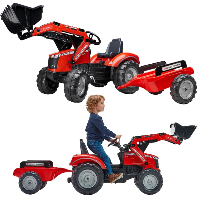 Traktor na pedały FALK Massey Ferguson 8740S z łyżką i przyczepą, widok z przodu i boku