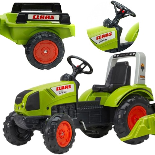 Falk traktor na pedały Claas z przyczepą — widok z przodu całego zestawu, prezentuje konstrukcję i przyczepę